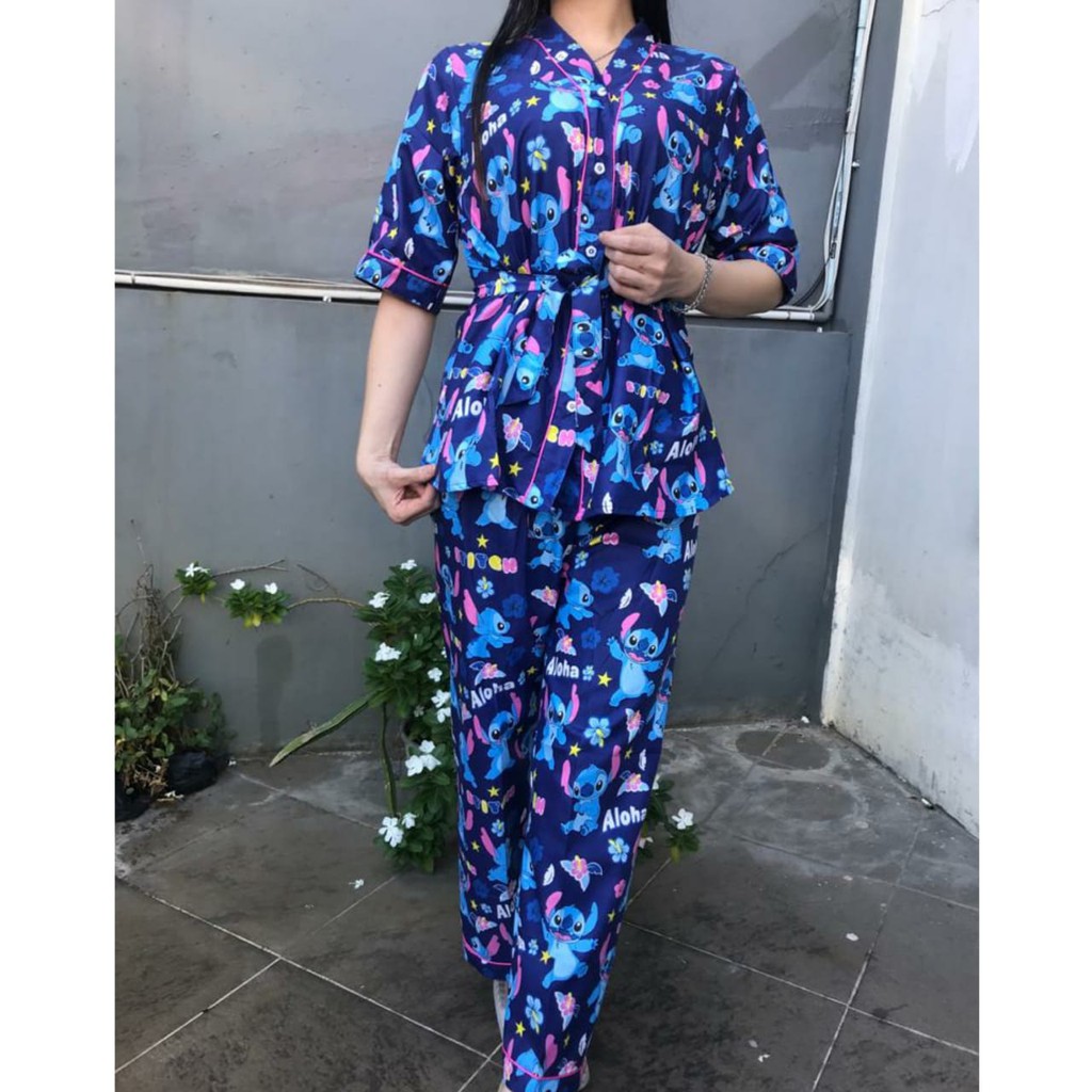 JNV Setelan Kimono CP Wanita Motif Karakter Kartun - Baju Tidur Kimono Lengan Pendek - Bahan Katun-Aloha Stitch Navy