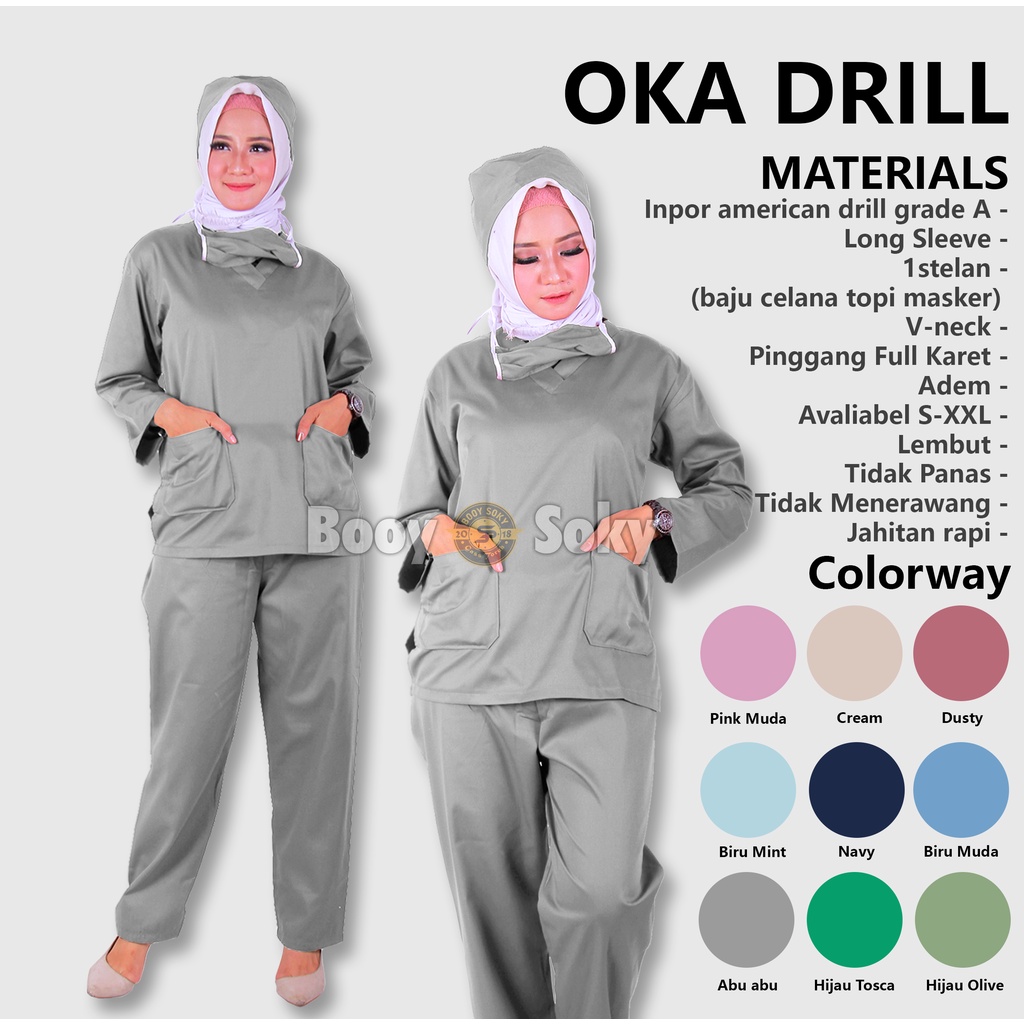 Baju Jaga Ok Oka Perawat Medis Lengan Panjang Dinas Kesehatan Malam | Baju Ok Murah Berkualitas American Drill | Set Scrub Dokter Kerah V-Abu-abu