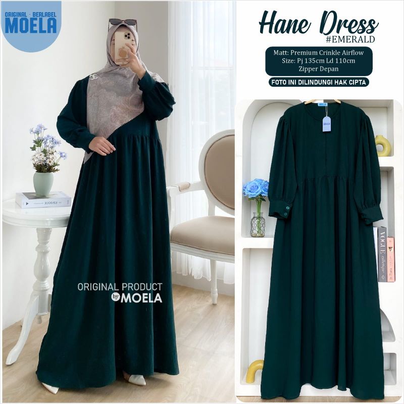 Aura Hane Dress Gamis Jumbo Polos Allsize Busui Premium Crinkle Airflow Original Ori Moela Berlabel-Hane emerald