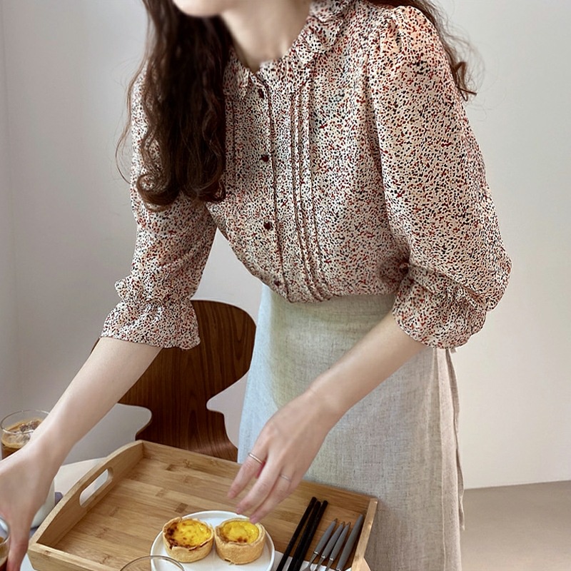 #Sisjuly# Wanita Floral Kemeja Sifon Musim Semi dan Musim Panas Baru Versi Korea Fashion Kemeja Kecil Gaya Asi