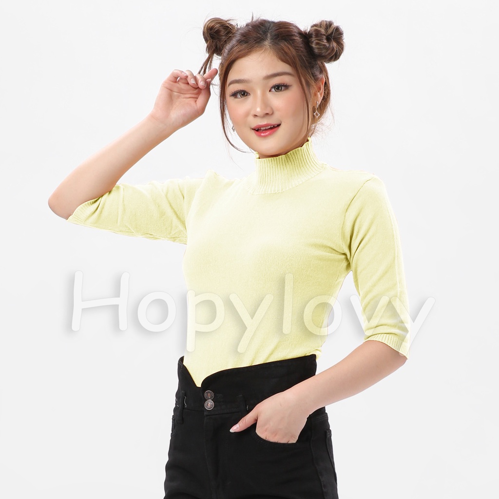 HOPYLOVY Blouse Rajut Turtleneck Wanita Lengan 3 per 4 Rafika-BROKEN WHITE