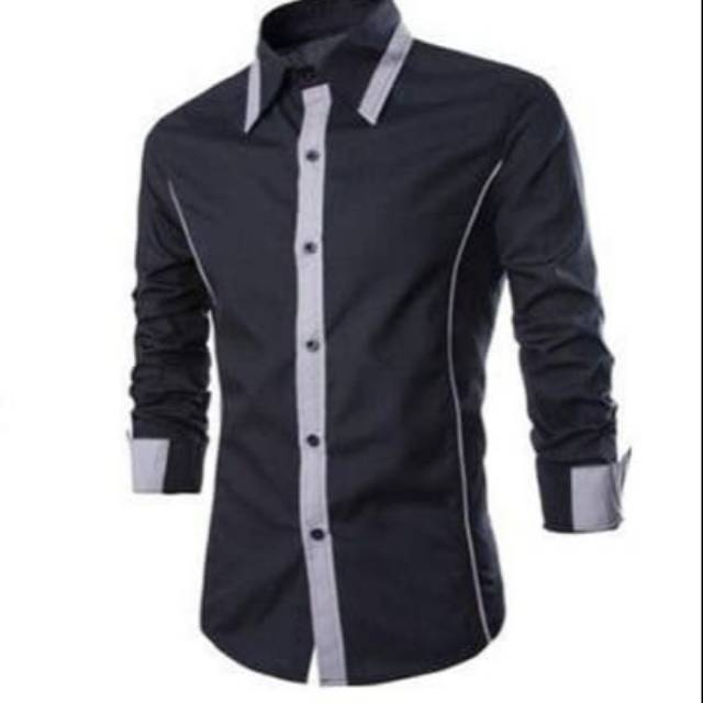 (hem alonzo OT) Kemeja Pria slim fit warna hitam kombinasi abu - hitam