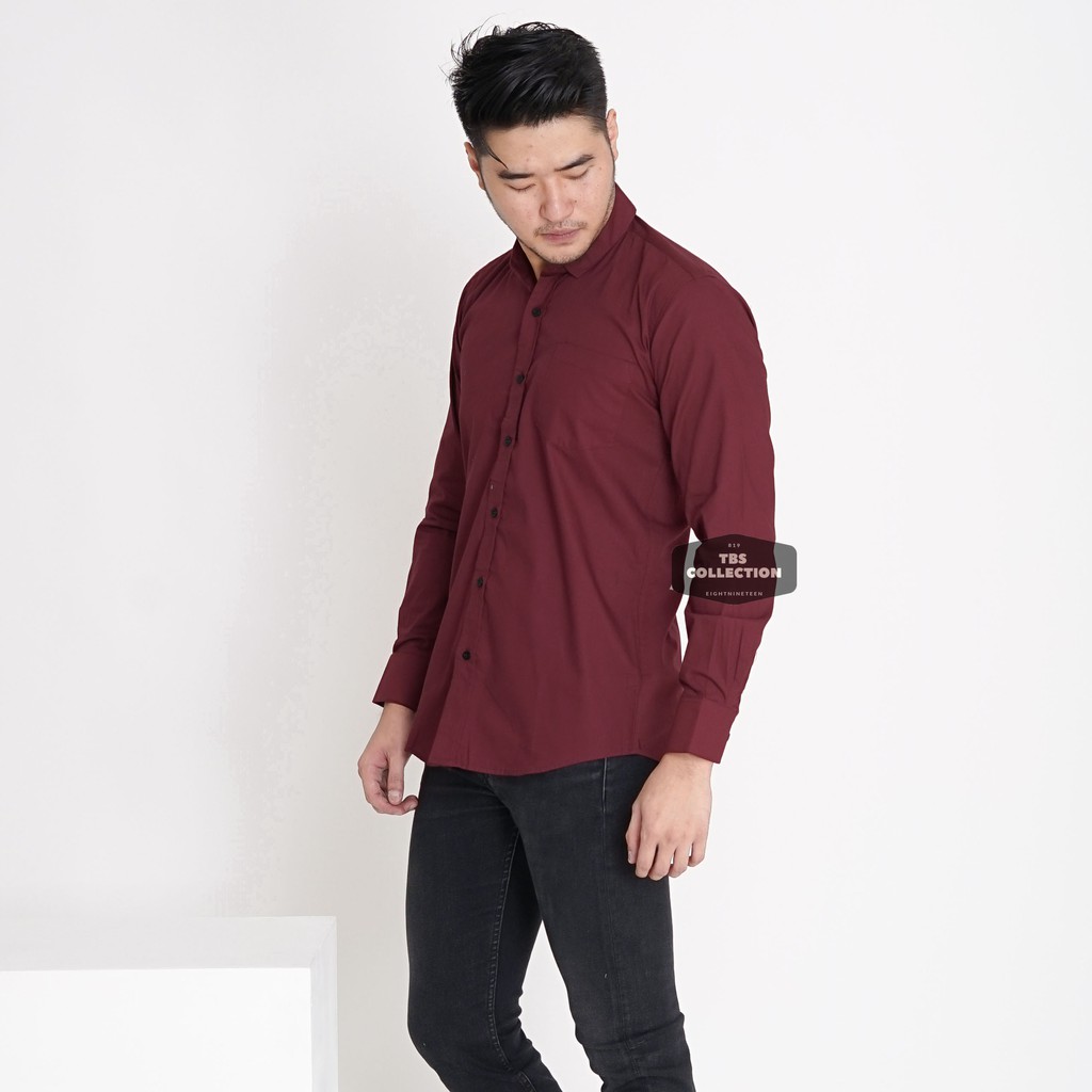 Kemeja Pria Lengan Panjang Polos Merah Maroon Kemeja Cowok Keren Casual Slimfit 3237