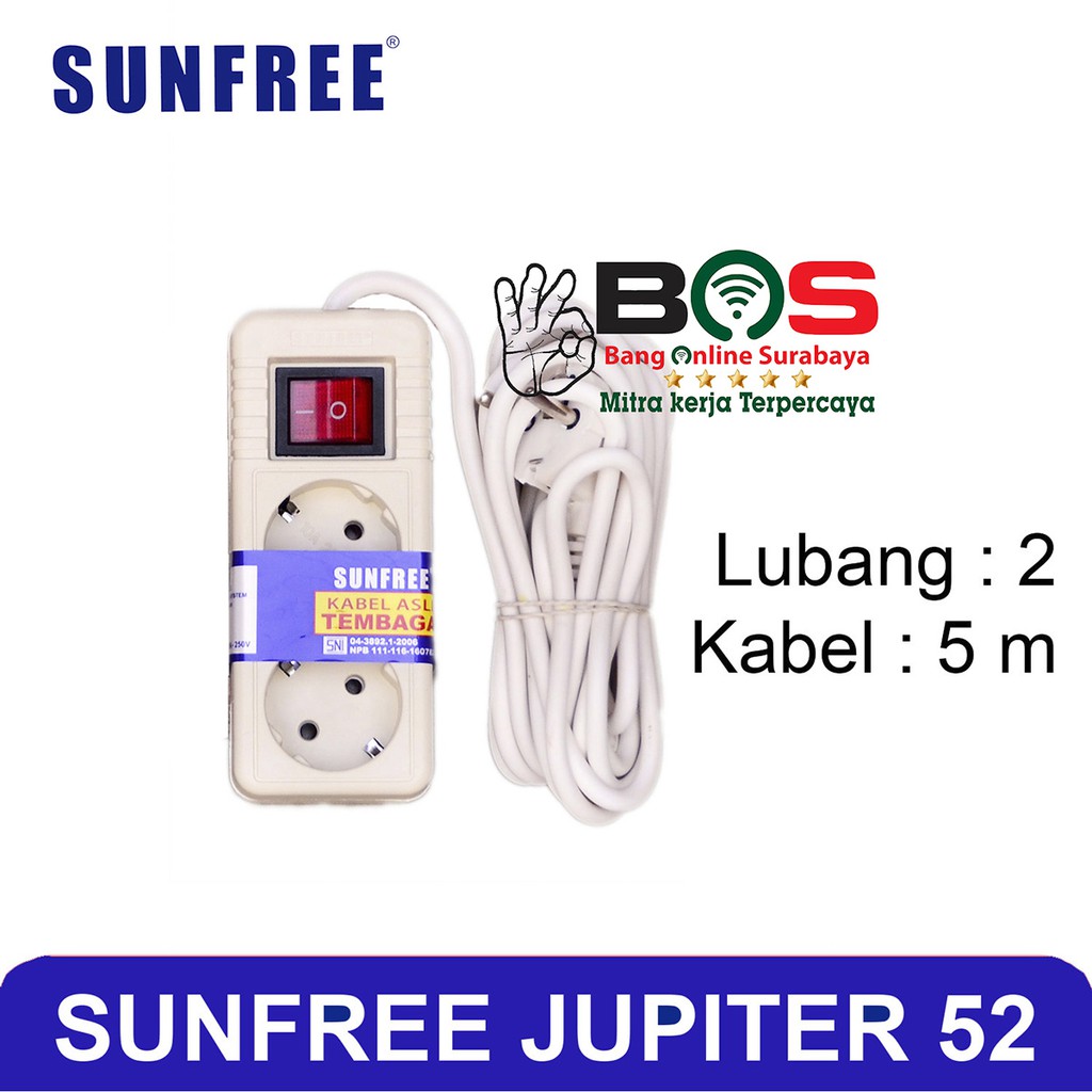 Stop Kontak Listrik Kabel 5 Meter + 2 Lubang Colokan Listrik Sunfree-52 Sunfree52 Colokan Sunfree 52