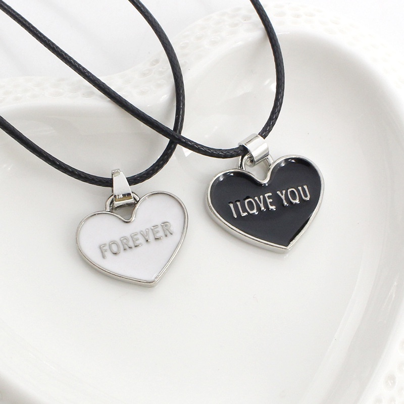 Fashion Hari Valentine Cinta Hati Liontin Kalung Perhiasan Hadiah Hitam Putih Selamanya Pasangan I LOVE YOU Romantic Necklaces Wanita Pria