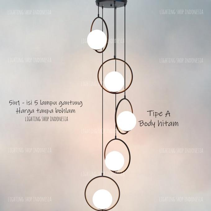 Lampu gantung void tangga 5in1 gold hitam kaca modern minimalis 5lampu