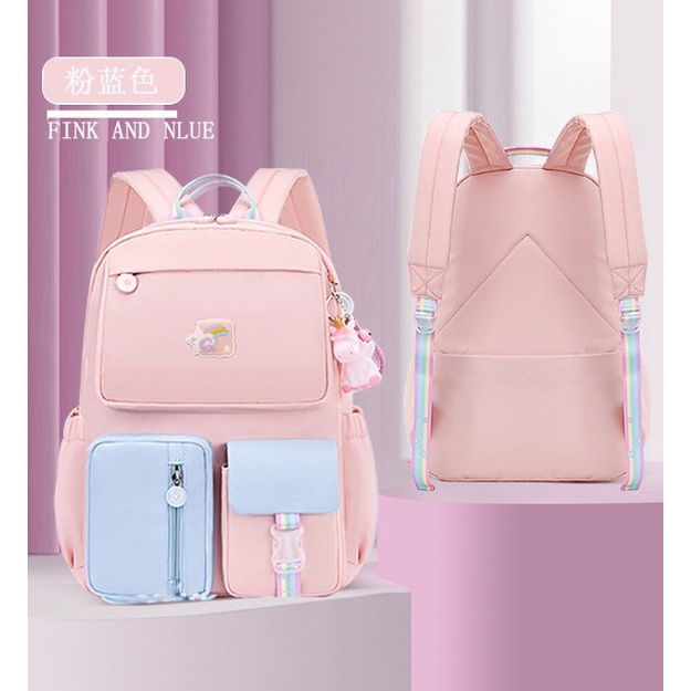 TAS SEKOLAH RANSEL ANAK SD/SMP/SMA CEWEK WARNA SOFT PASTEL CANTIK LUCU WATERPROOF (TAHAN AIR) 202 ukuran 18 big HADIAH GANTUNGAN-PINK AND BLUE