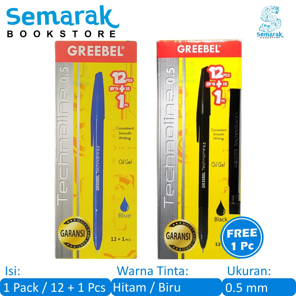 

Pulpen Oil Gel Greebel Techonoline 0.5 - Hitam / Biru [1 Pack / 12 + 1 Pcs]