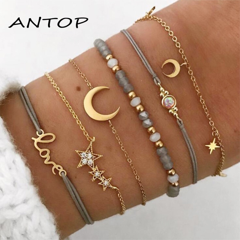 6 Pcs Retro Gelang Set Bintang Bulan Gelang Fashion Wanita Aksesoris Hadiah Teman Terbaik ANTOP