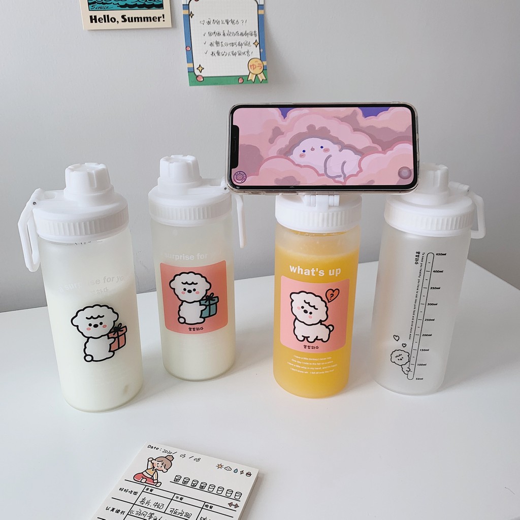 BT 33 Botol Air Minum Kaca Korea Style 500ml Unik Puppy Putih Sedotan Pipet