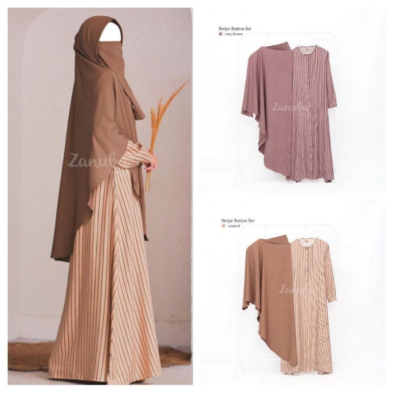 GAMIS STRIPE BUTTON SET BY ZANUBA HIJAB | GAMIS MOTIF GARIS | ZANUBA HIJAB | JILBAB SYARI
