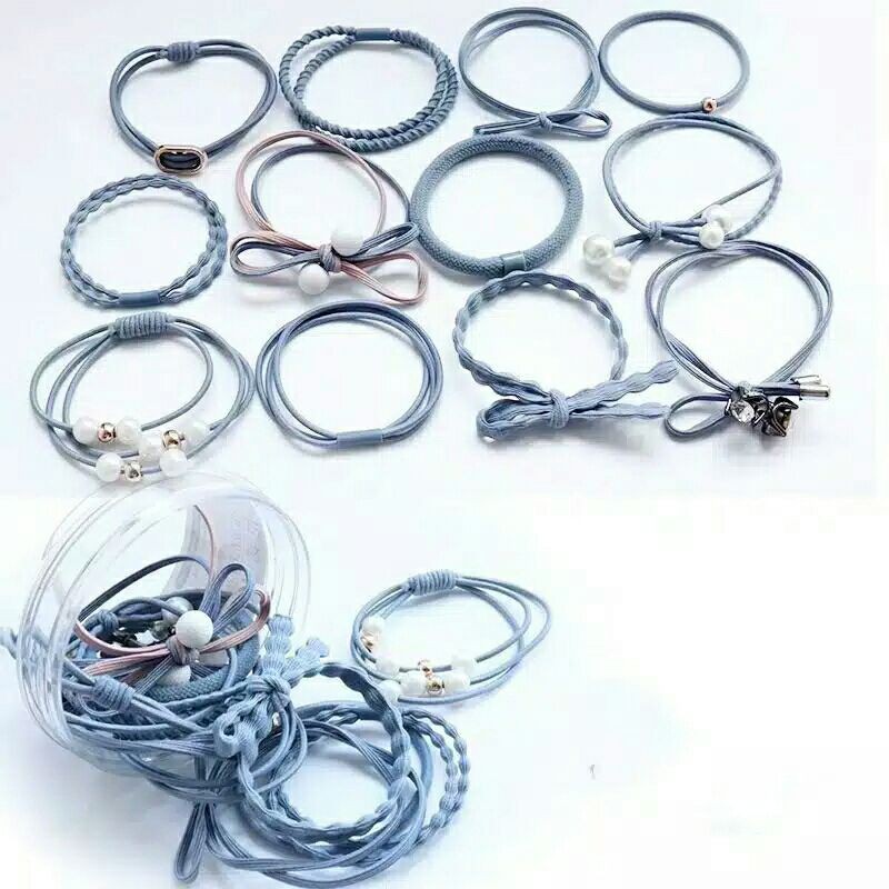 Ikat Rambut 12 In 1(  KEMASAN PLASTIK )Fashion Wanita / Accesories Rambut Import / Ikat Rambut-Biru Muda