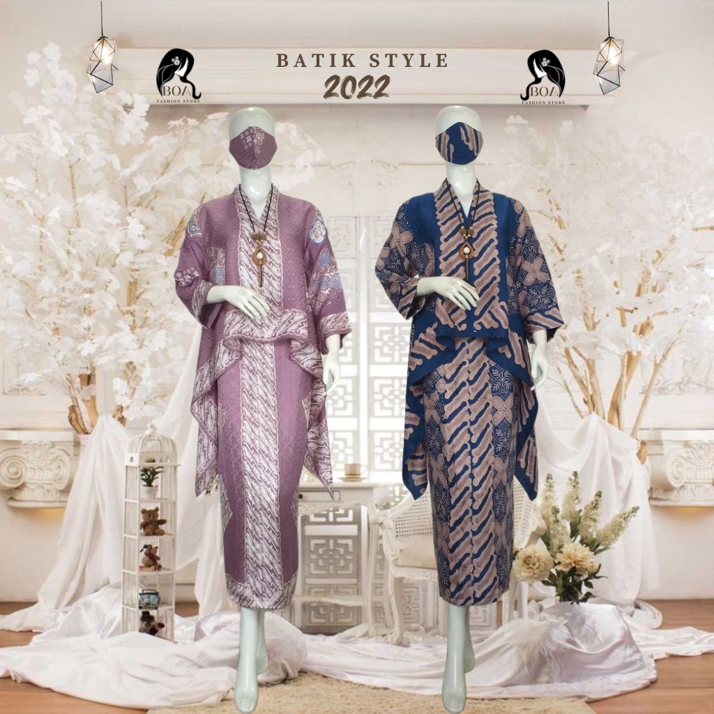 Setelan Batik Wanita Kebaya Modern Bahan Viscose Premium/Semi Sutra Model Blouse U Rok Instan Span Masker Motif