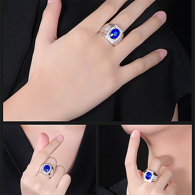 Cincin Berlian Platinum Safir Hias Kristal Zirkon Biru Untuk Pria Dan Wanita