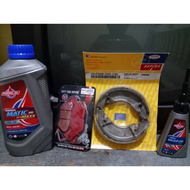 Paket kampas rem depan dan belakang for Mio smile/Mio J/Xeon/rc/soul GT/X-Ride 115/Mio soul/Nouvo/GT 110/Fino 115 + oli mesin Federal Ecomaxx matic SAE 10-30w dan oli gardan federal 120ml