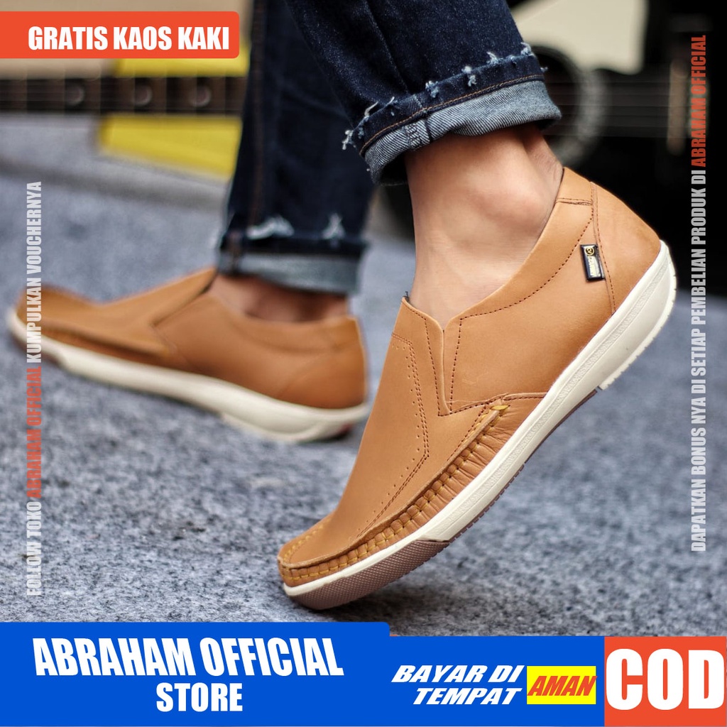 ABRHM X SANDRO Sepatu Slip On Pria Sepatu Pria Casual Cowok/Cowo Kulit Asli Sepatu Kasual Slop Anti Slip Semi Formal Kerja Kuliah Gaya Santai Keren Kekinian Original Murah Terlaris