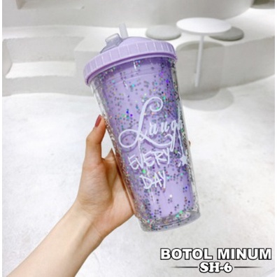 PROMO Botol Minum Glitter Tumbler Cups Blink 420 Ml Gelas free Sedotan + Bubble dengan dua lapisan lapisan straw water bottle