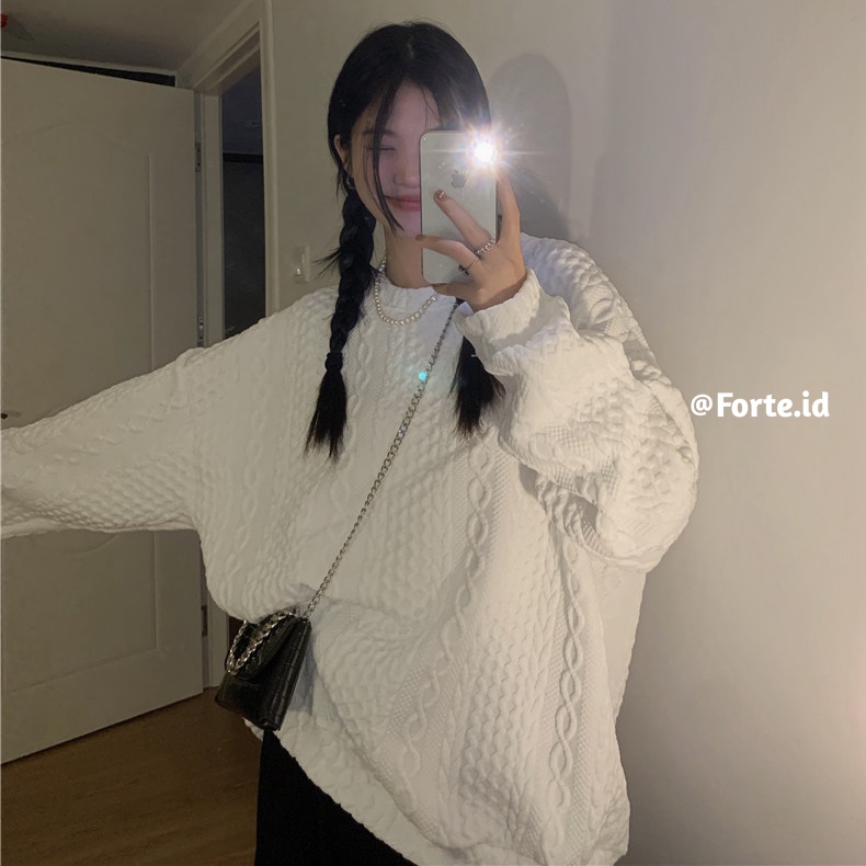 Crewneck Sweater Wanita Oversize Basic Colour Korean style atasan lengan panjang