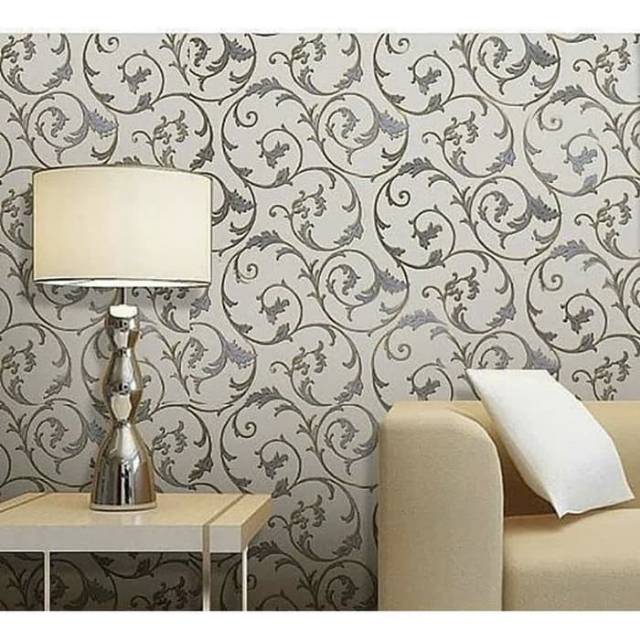 Wallpaper stiker dinding motif daun lingkar dasar cream