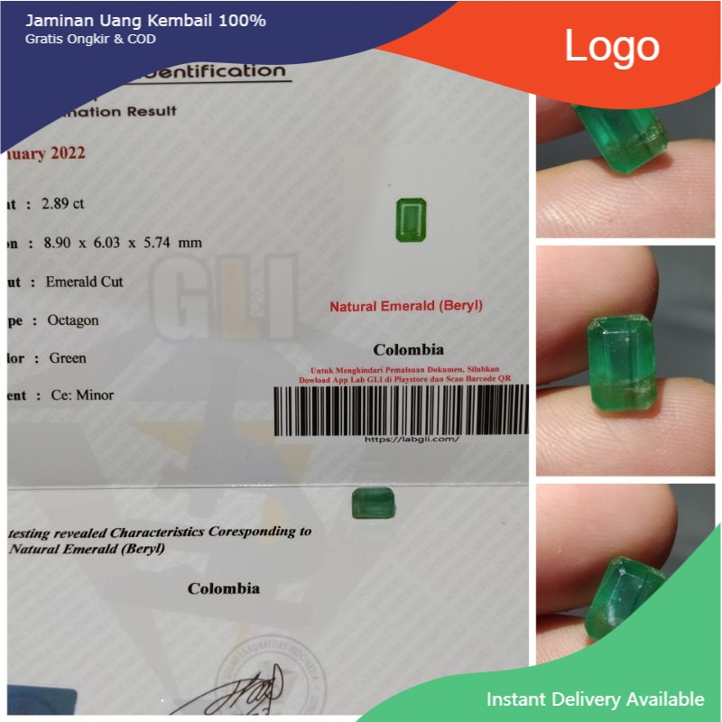 Natural Emerald Beryl Colombia Oktagon Cut Minor 2,89 ct memo GLI Zamrud Columbia Top