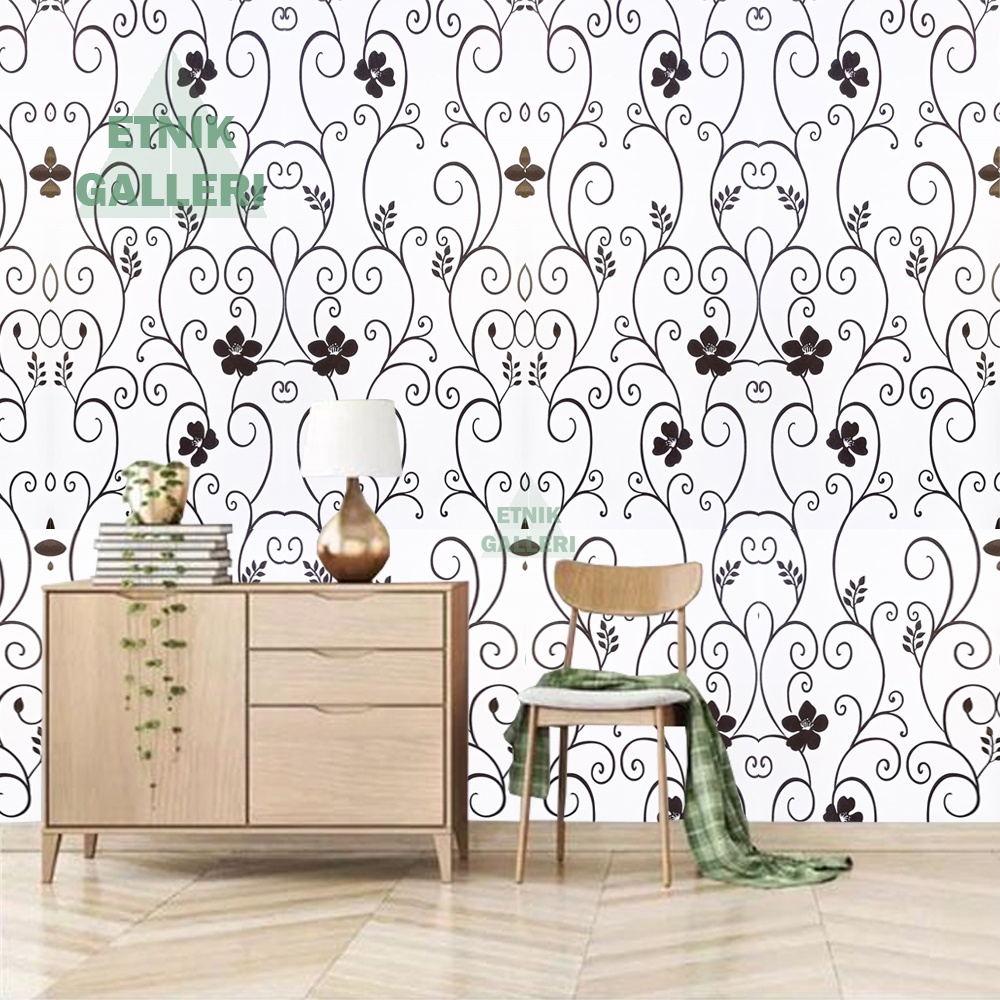 Wallpaper Dinding Kamar Tidur Putih Bunga Rambat Hitam WPS825e Stiker Ruang Tamu Dekorasi Rumah