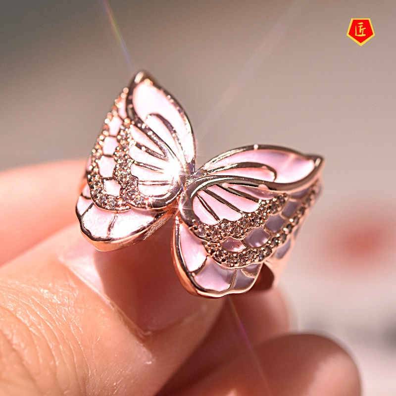 [Ready Stock]Diamond Pink Butterfly Ring 18K Rose Gold Simple Sweet