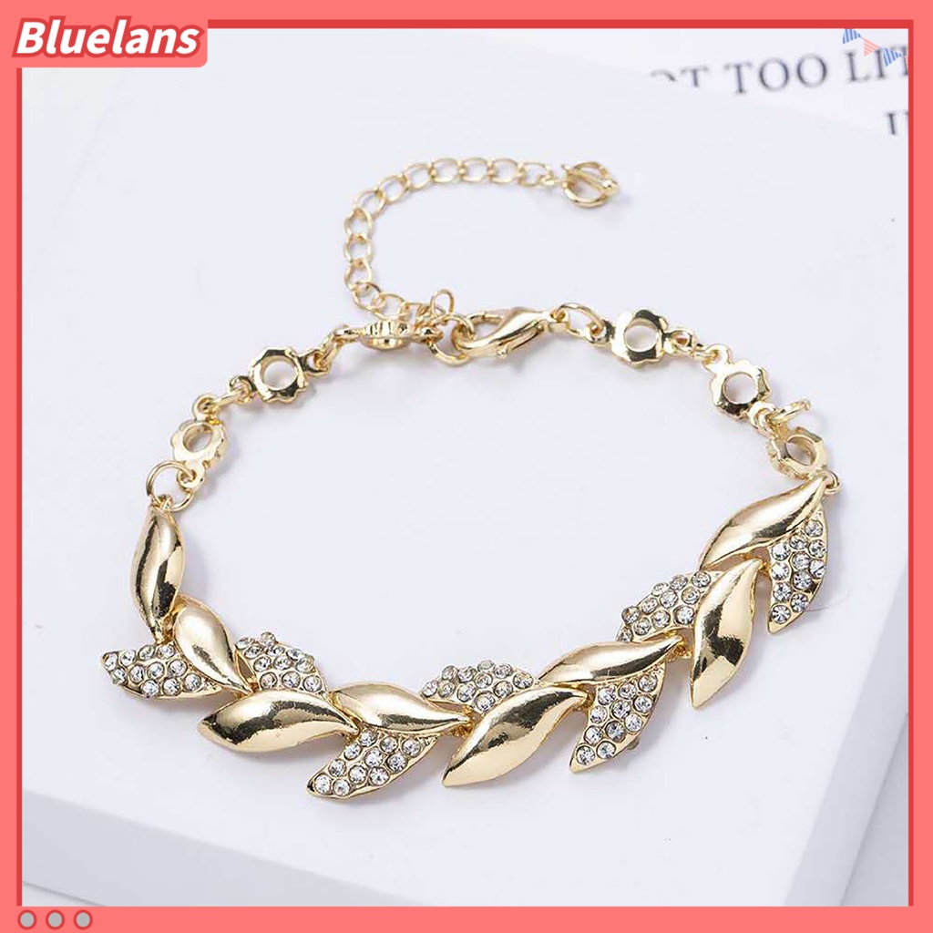 Bluelans Adjustable Golden Leaves Rhinestone Bracelets Elegant Leaf Bangle for Women