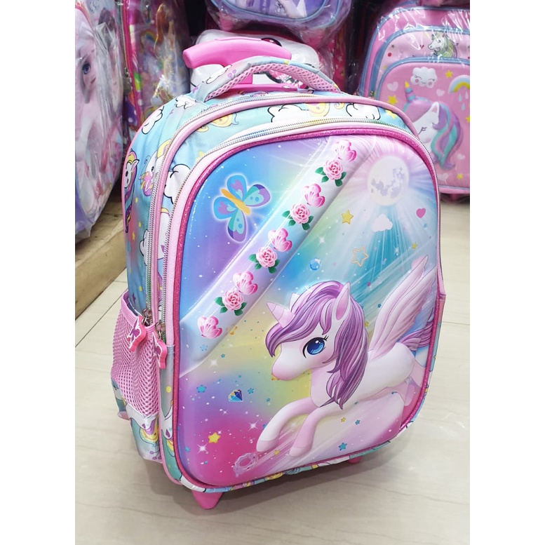 Tas Trolley DORONG Sekolah TK Anak Perempuan Gambar KUDA PONY ROSE SHOES 2Resleting GLOSSY TIMBUL IMPORT ( Rose 13&quot; )