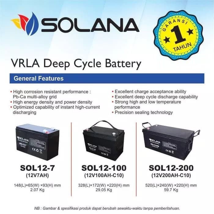 Baterai Aki VRLA SOLANA 12V 7AH