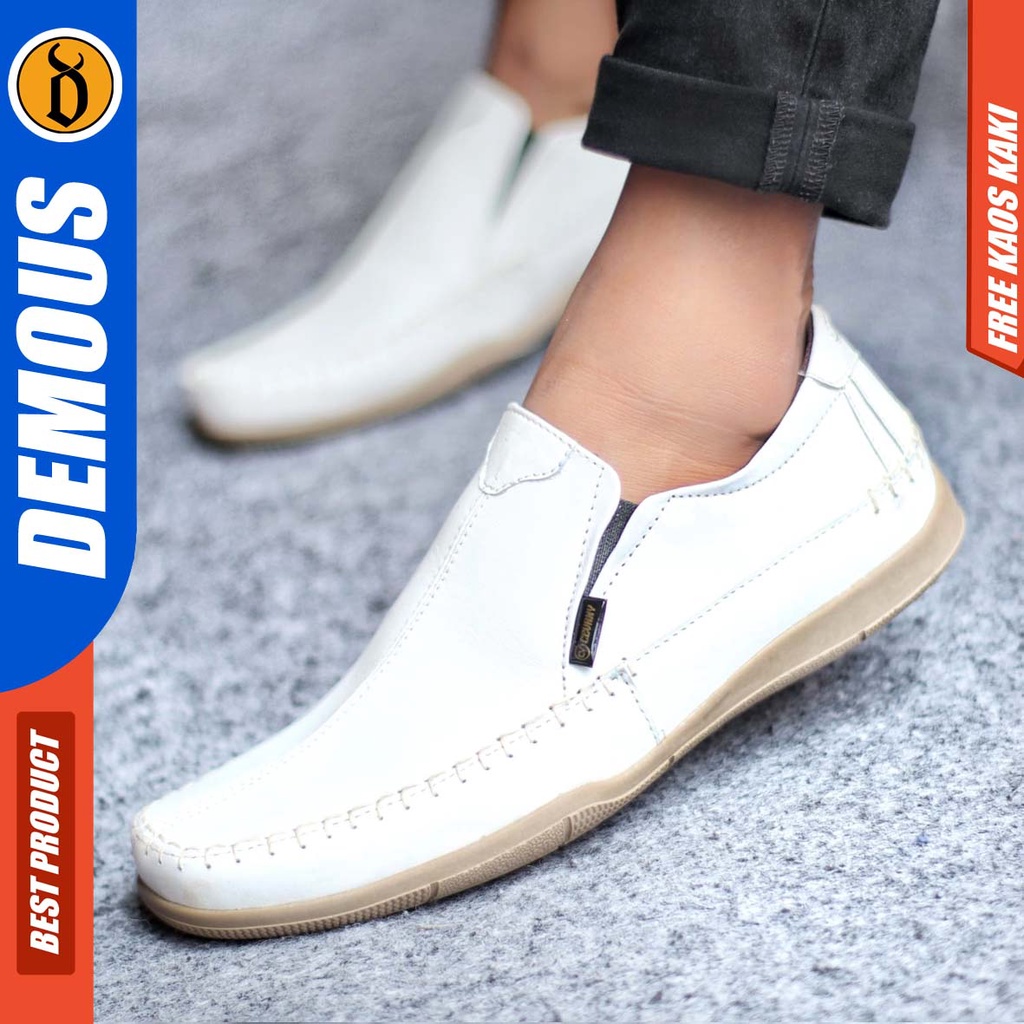 DEMOUS DIVOC Sepatu Casual Slip On Pria Kulit Asli Sepatu Kerja Santai Hitam Slop Murah Kekinian