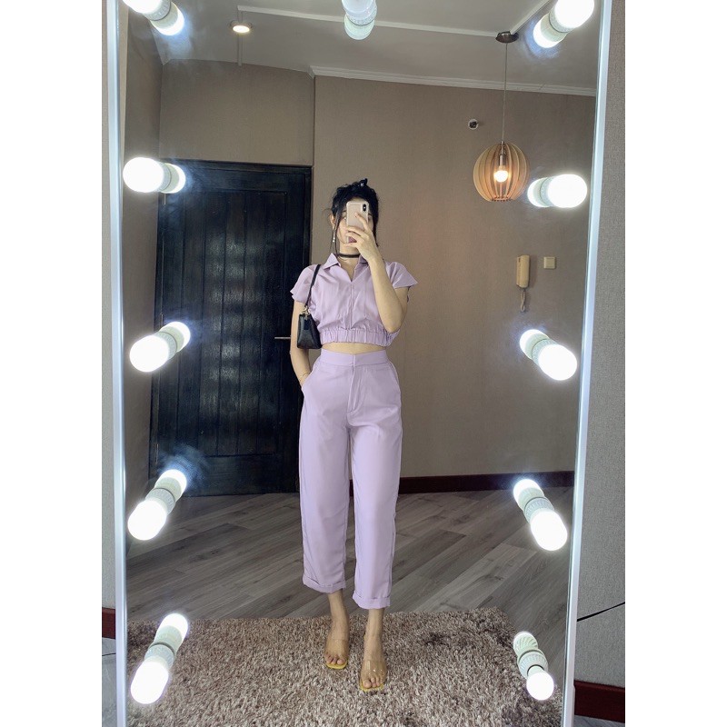 JASMINE SET SETJ310 ONE SET ATASAN CROP KARET DAN CELANA BASIC ADA SELETING DAN KANCING SETJ310-Lavender