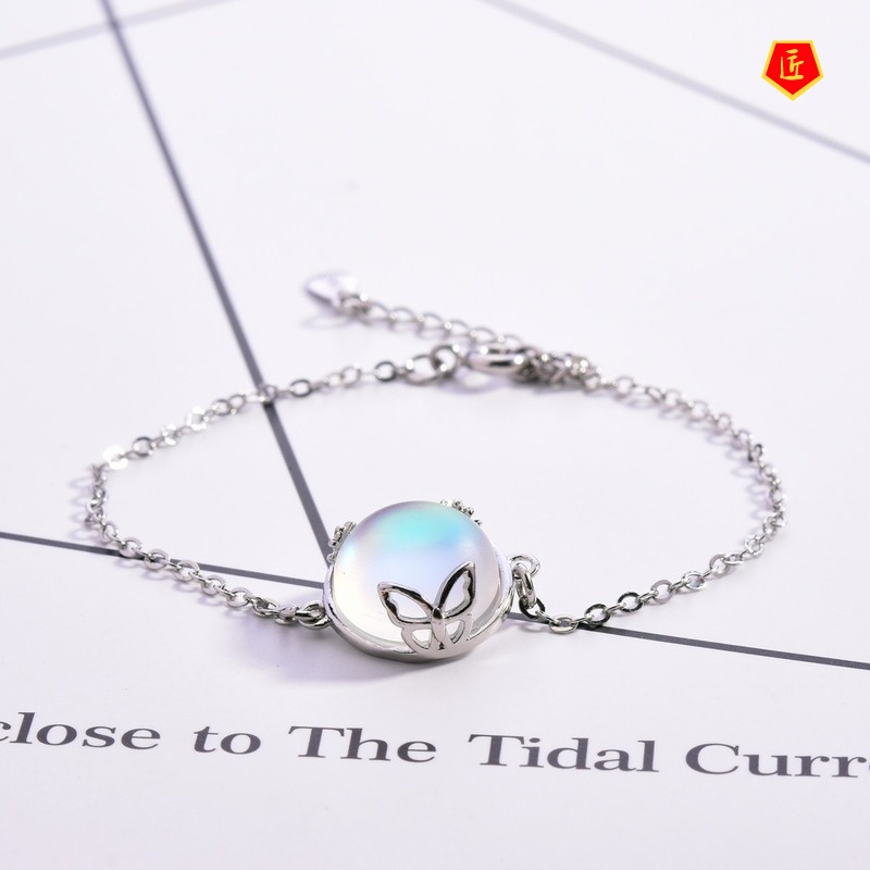 [Ready Stock]Simple Inlaid round Moonstone S925 Silver Butterfly Bracelet