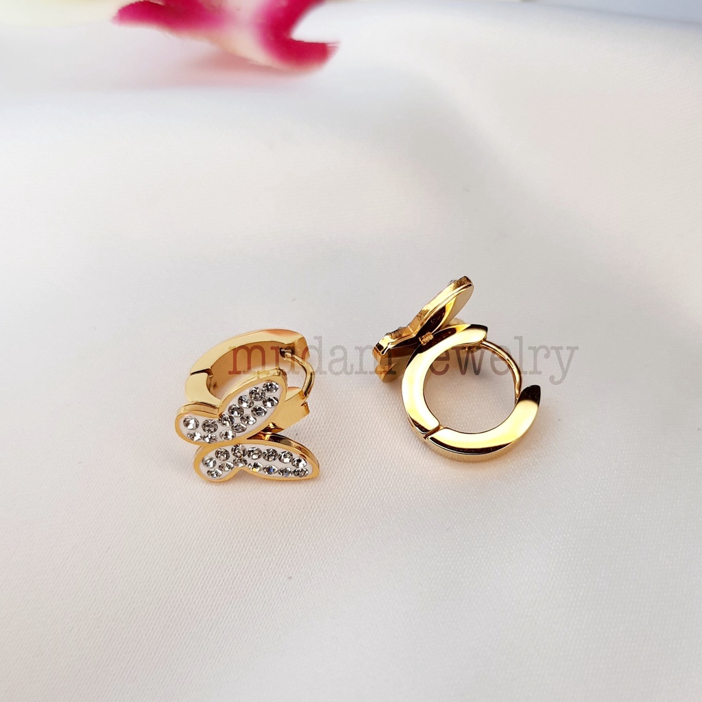 Anting Jepit Titanium Kupu - Kupu Taburan Kristal Artifisial Elegan dan Simple Warna Rose Gold, Gold dan  Silver