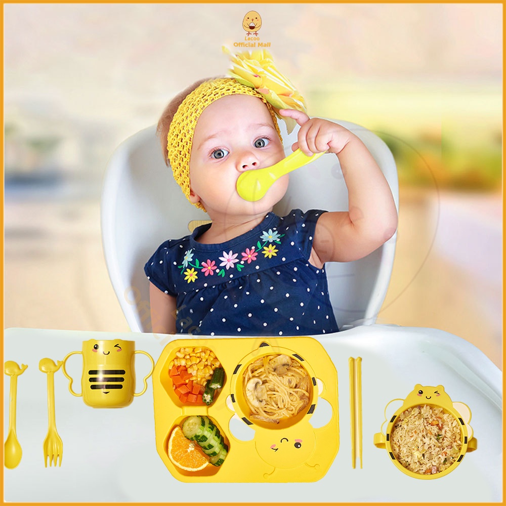 Lacoo Tempat alat piring makan bayi anak BPA free Peralatan makan bayi motif lebah lucu