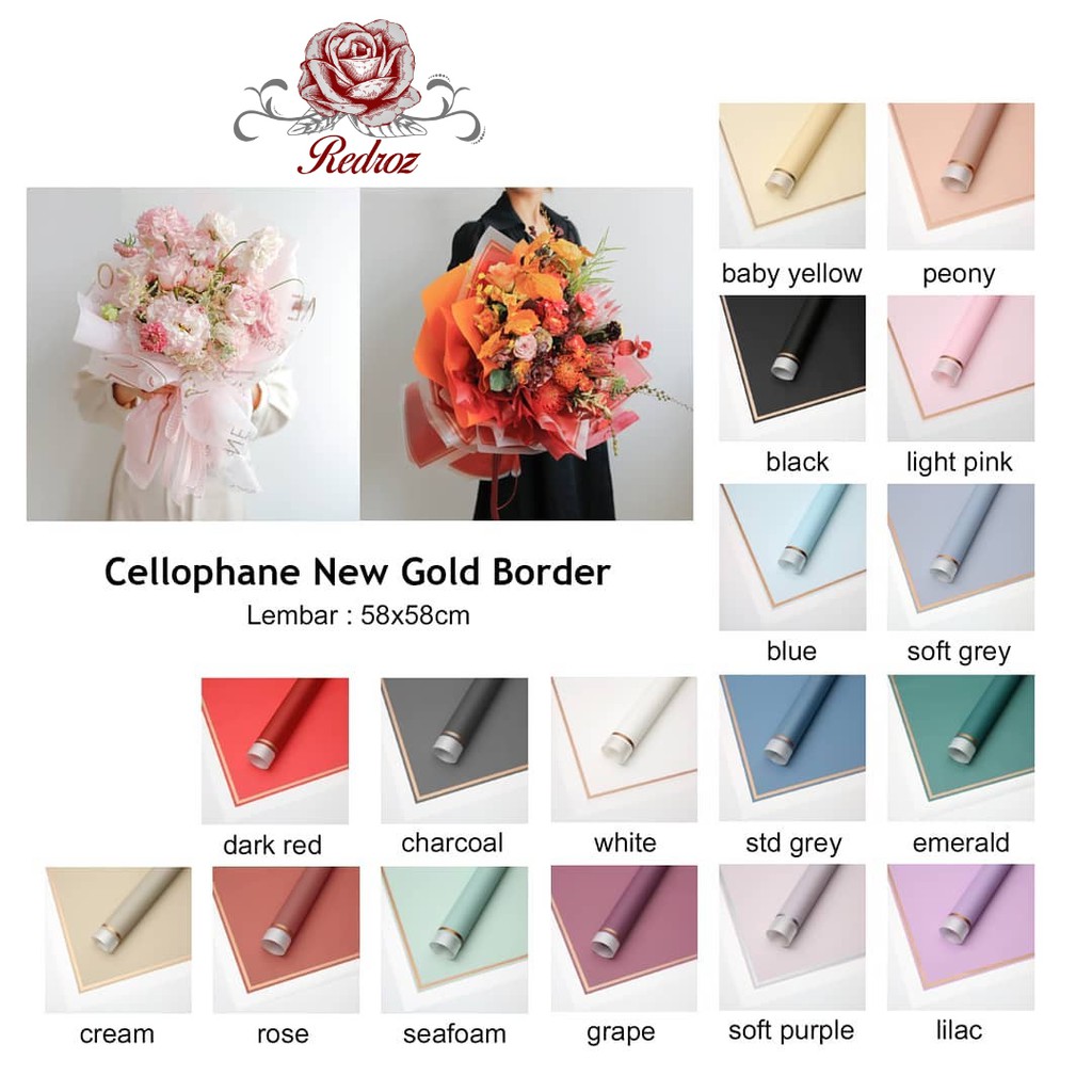 

Isi 20Lbr (1Pack) Kertas Bunga Wrapping Cellophane Gold Border