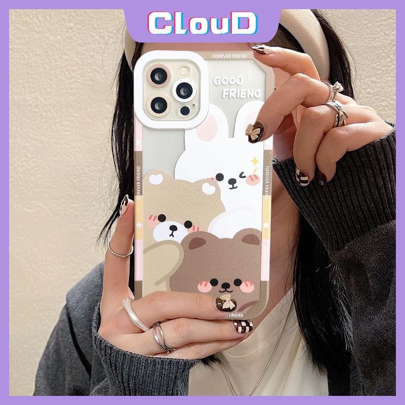 Casing Ponsel Kartun Beruang Kelinci Untuk Iphone11 7plus XR iPhone 6 6s 8 7 Plus 11 12 14 13 Pro MAX X XS MAX SE 2020pelindung Kamera Tahan Guncangan Teman Hewan Lucu Bening Lembut TPU Cover