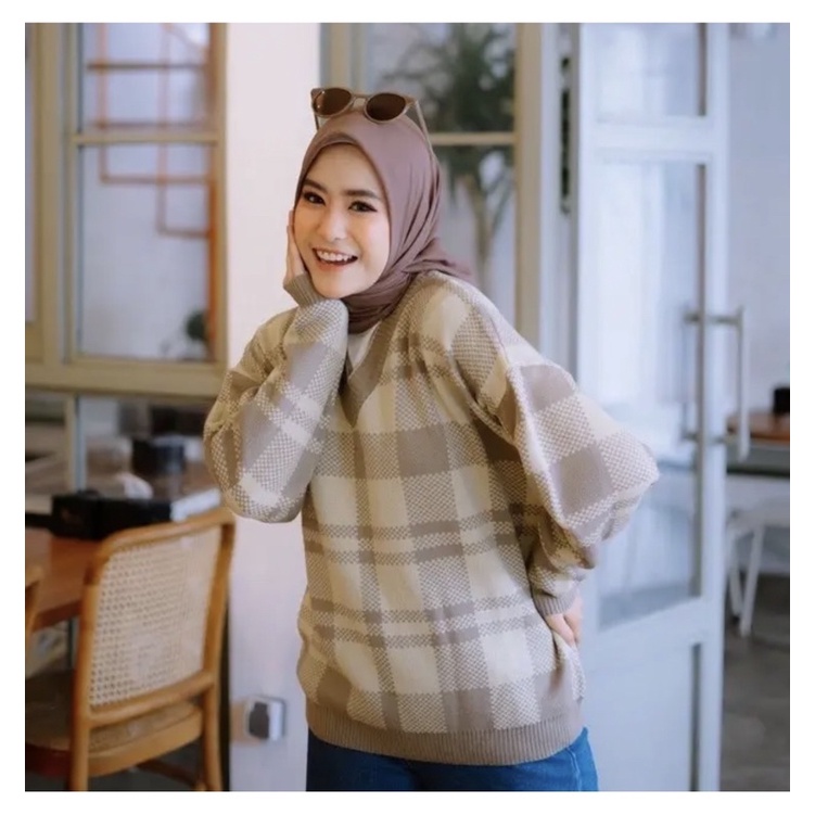 SWEATER RAJUT WANITA PREMIUM OVERSIZE MOTIF TARTAN KOTAK KUALITAS PREMIUM STORE09