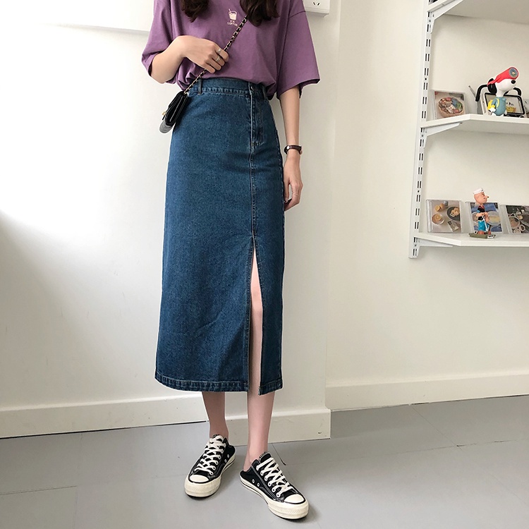 [chaoo.id]Rok dres a-line skirt Rok panjang denim a-line skirt Korean style midi slit