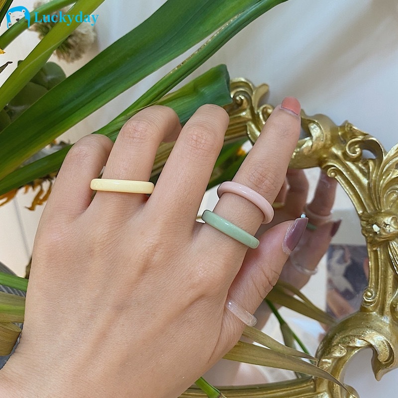 YEEZII Cincin Bahan Resin Warna Polos Gaya Retro Untuk Wanita