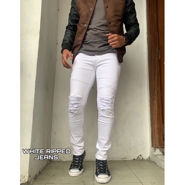 Celana Jeans Sobek Putih Pria Black Viper / Romeo Original Stret 28-33 Slimfit Jeans Ripped White Pakai Lapisan/Puring