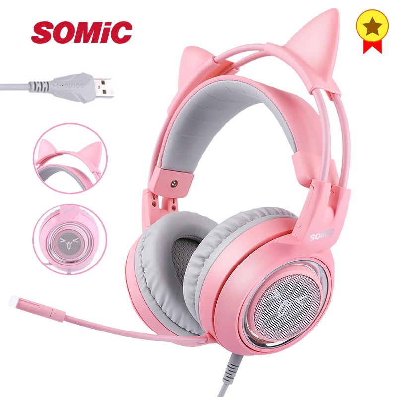 GRATIS ONGKIR SOMIC G951 Pink Girl Cat Headset Virtual 7.1 Noise Cancelling Gaming Headphone USB