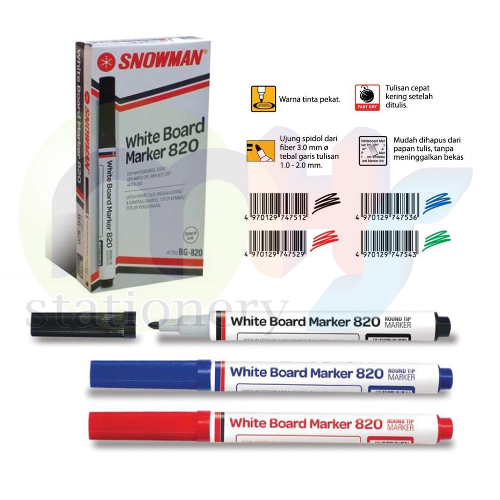 

SNOWMAN Spidol Papan Tulis Dapat Dihapus Whiteboard Marker Wipe Clean BG-820 Hitam Biru Merah