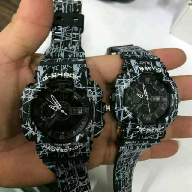 PROMO MURAH    Jam tangan COUPLE Casio G Shock GA110 & Baby G Full Black Hitam MOTIF TRIBAL digital