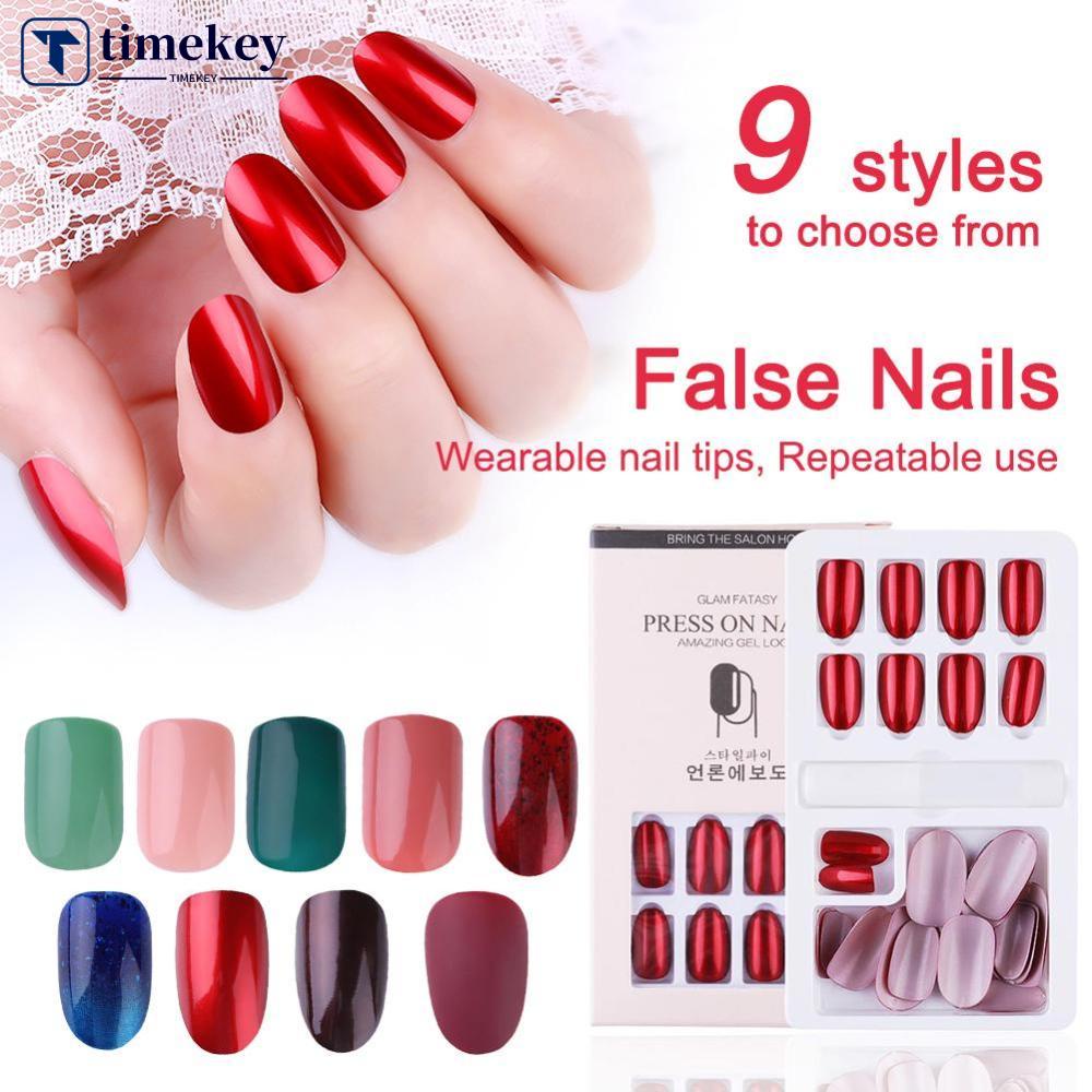 Timekey Kuku Palsu Warna Polos Dengan Lem Untuk Nail Art A5K8