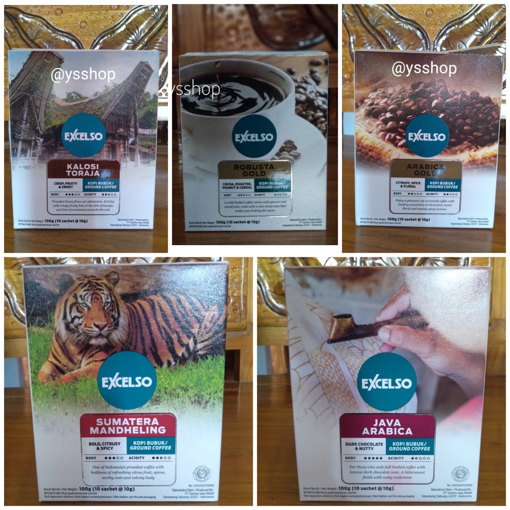 

Excelso Folding Box Robusta Gold, Java, Arabica Gold, Sumatera Mandheling, Kalosi Toraja (Dus 10 sachet x 10 gram)