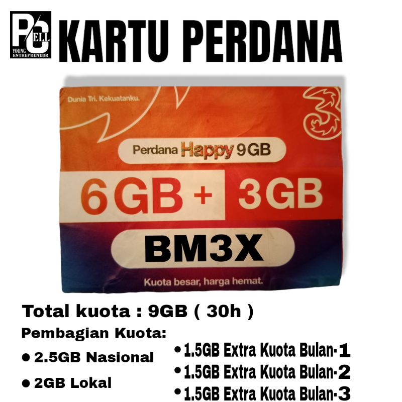 Kartu Perdana TRI BM3X HAPPY 4.5GB 24Jam ( 30h ) KARAWANG
