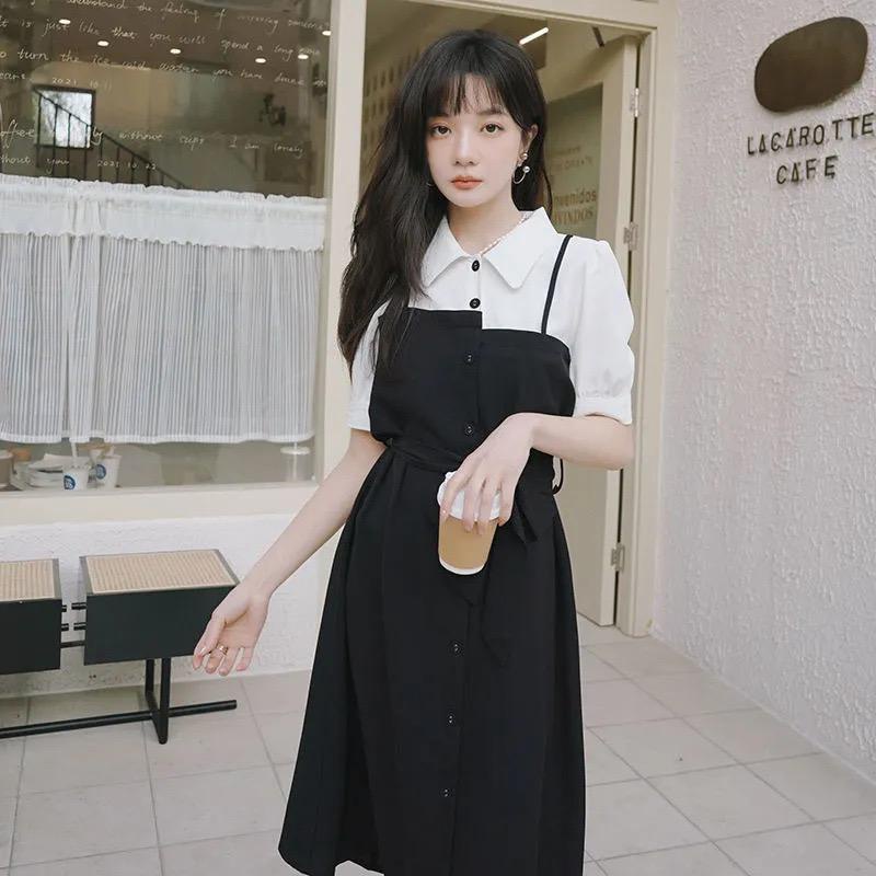 [littlecrab] Dress Oversize Kasual Fake 2 Set Fake Collar Berkualitas Dress Kemeja Berkerah Hitam Putih Dress Panjang Lengan Pendek Simple Elegan High Quality Dress Korean Style