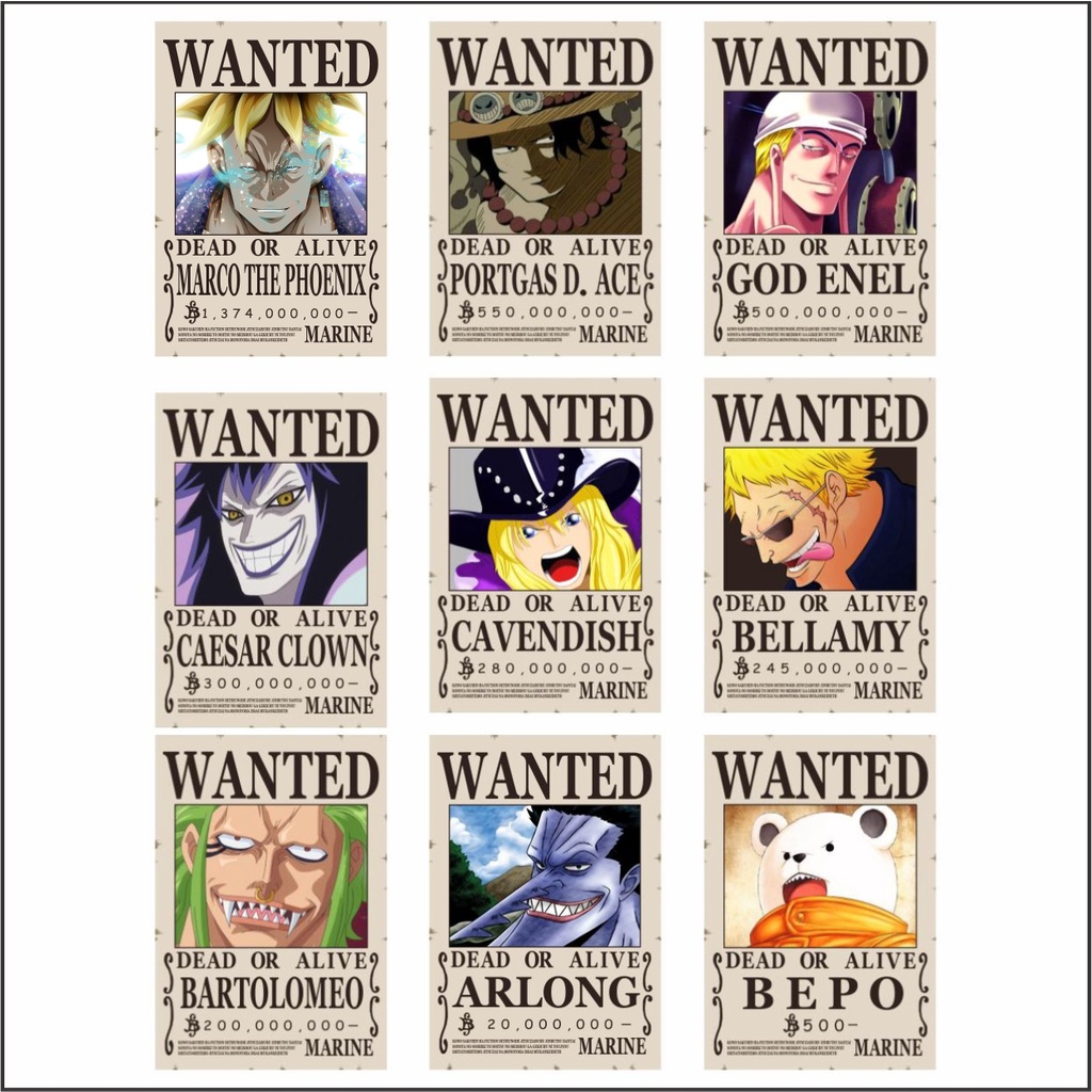 Poster One Piece dan BOUNTY POSTER WANTED karakter One Piece Mugiwara BEFORE TIME SKIP SNK S2 SNK S3