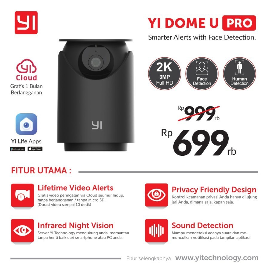 CCTV Xiaomi Yi Dome U Pro 3MP 2K Face Detection IP Camera Garansi 1th