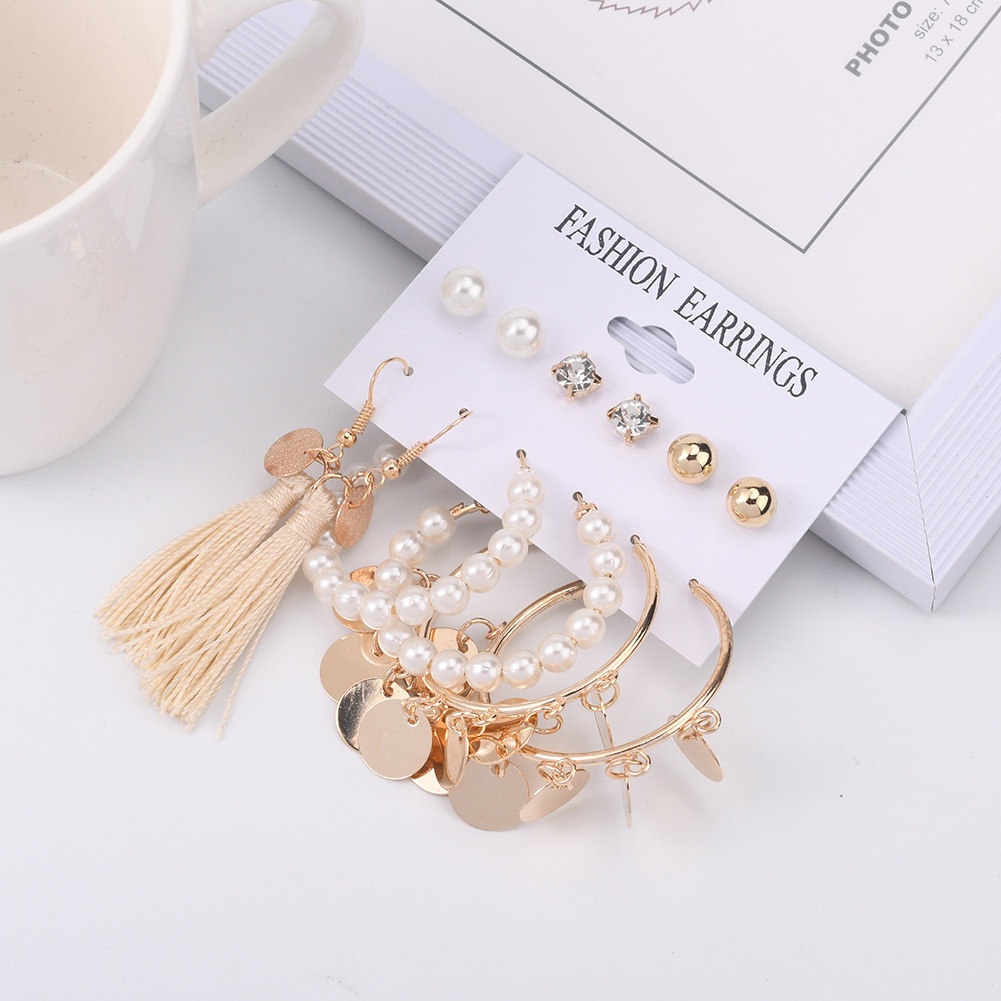 Set Anting Bohemian Rumbai Mutiara Akrilik Wanita Fashion Import